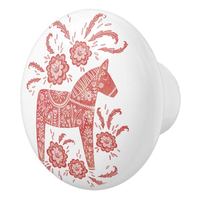 Swedish Dala Horse Red and White Ceramic Knob (Right)