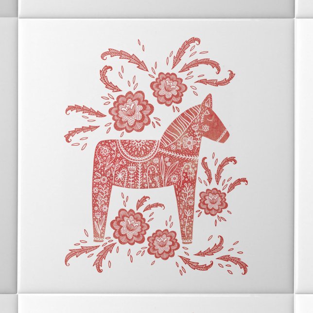 Swedish Dala Horse Red and White Ceramic Tile (Swedish Dala Horse red and white folk art ceramic tile)