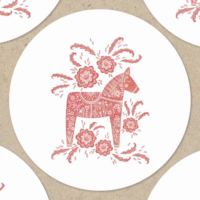 Swedish Dala Horse Red and White Classic Round Sticker (Swedish Dala Horse folk art red and white stickers)