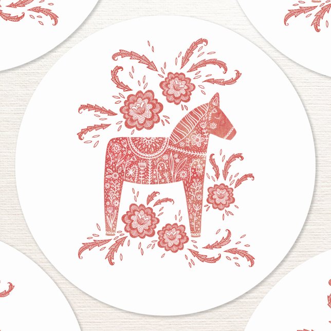 Swedish Dala Horse Red and White Classic Round Sticker (Swedish Dala Horse red and white folk art sticker)