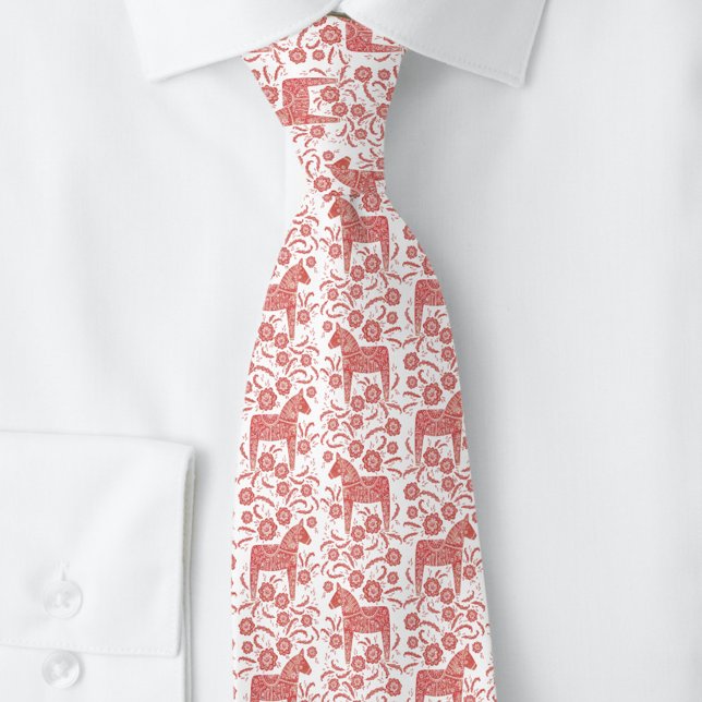 Swedish Dala Horse Red and White Folk Art Neck Tie (Swedish Dala Horse red and white folk art pattern tie)