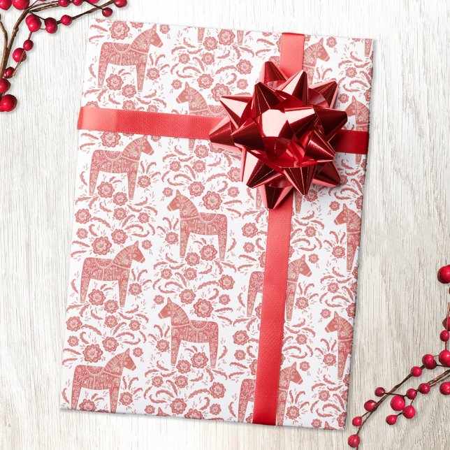 Swedish Dala Horse Red and White Folk Art Wrapping Paper (Red and white Swedish Dala Horse pattern gift wrapping paper )