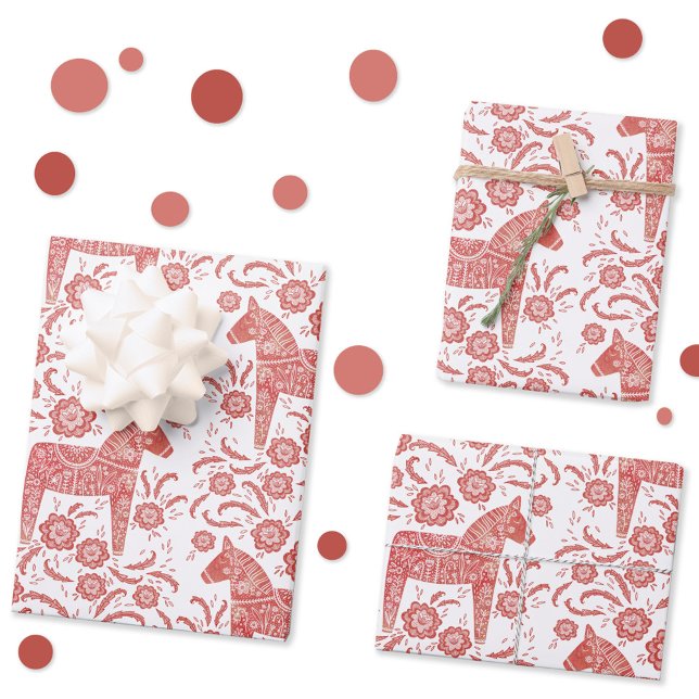 Swedish Dala Horse Red and White Folk Art Wrapping Paper Sheets (Swedish Dala Horse red and white folk art wrapping paper)