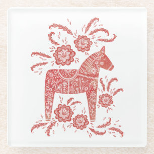 Swedish Dala Horse Red and White Glass Coaster
