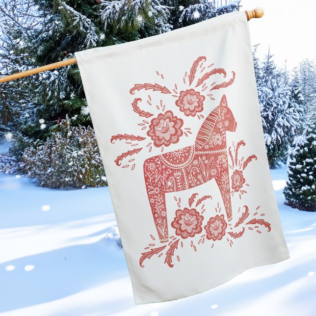 Swedish Dala Horse Red and White House Flag (Swedish Dala Horse Scandinavian folk art red and white house flag)