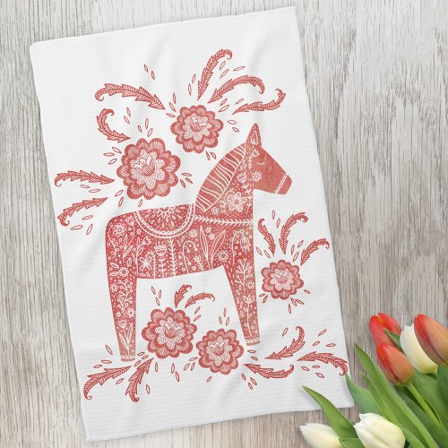 Swedish Dala Horse Red and White Kitchen Towel