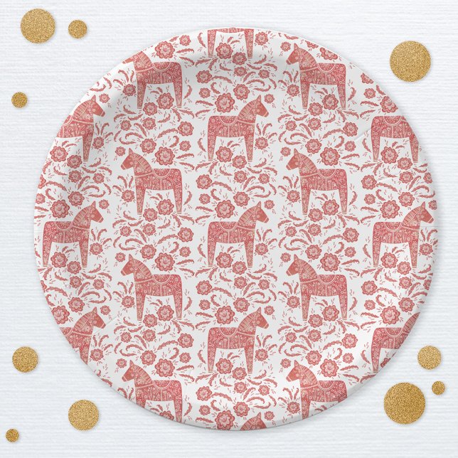 Swedish Dala Horse Red and White Paper Plates (Swedish Dala Horse red and white pattern party paper plate)