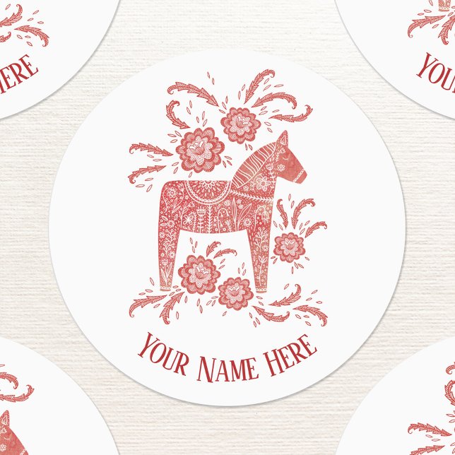 Swedish Dala Horse Red and White Personalized Labels (Personalized custom text red and white Swedish Dala Horse stickers)