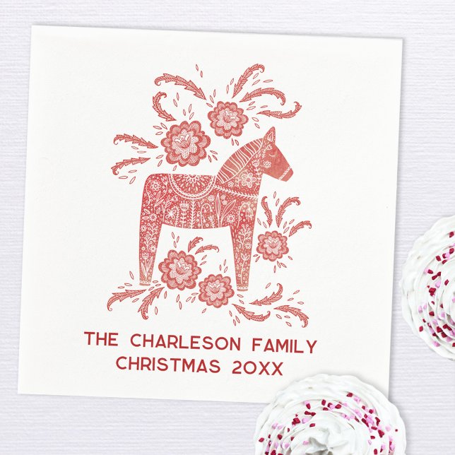Swedish Dala Horse Red and White Personalized Napkins (Swedish Dala Horse Scandinavian red and white personalized custom text Christmas party paper napkin)