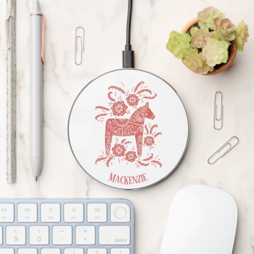 Swedish Dala Horse Red and White Personalized Wireless Charger