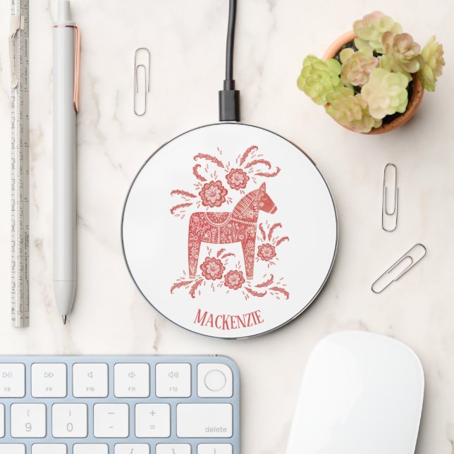 Swedish Dala Horse Red and White Personalized Wireless Charger (Desk)