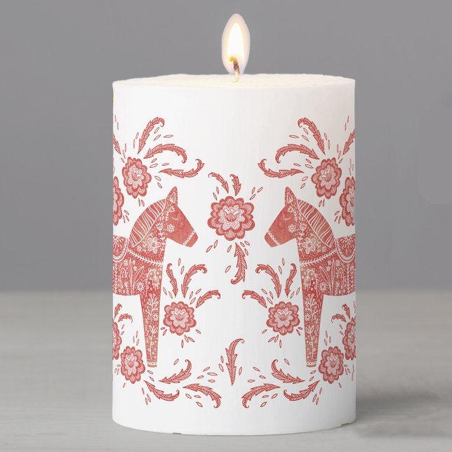 Swedish Dala Horse Red and White Pillar Candle (Red and white festive Swedish Dala Horse folk art pillar candle)