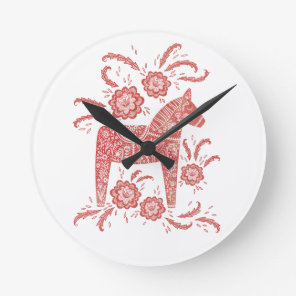 Swedish Dala Horse Red and White Round Clock