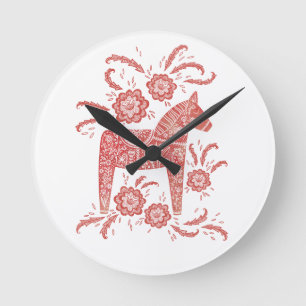 Swedish Dala Horse Red and White Round Clock
