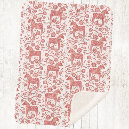 Swedish Dala Horse Red and White Sherpa Blanket