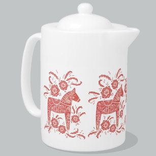 Swedish Dala Horse Red and White Teapot