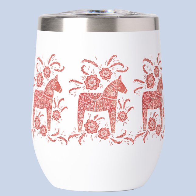Swedish Dala Horse Red and White Thermal Wine Tumbler (Red and white Swedish Dala horse Scandinavian folk art thermal wine tumbler)