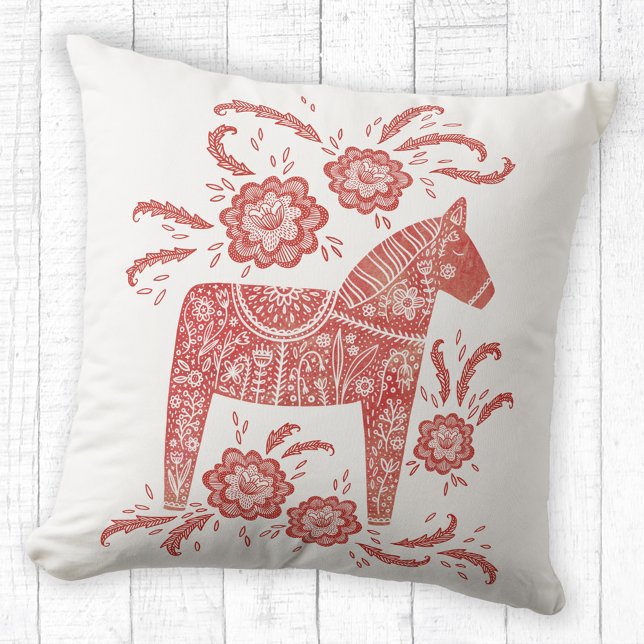 Swedish Dala Horse Red and White Throw Pillow (Red and white Swedish Dala Horse pillow)
