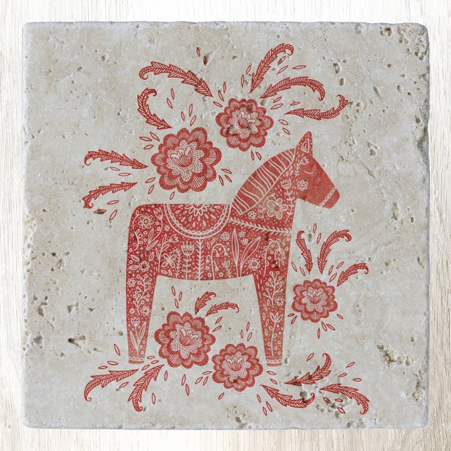 Swedish Dala Horse Red and White Trivet (Swedish Dala Horse stone trivet)