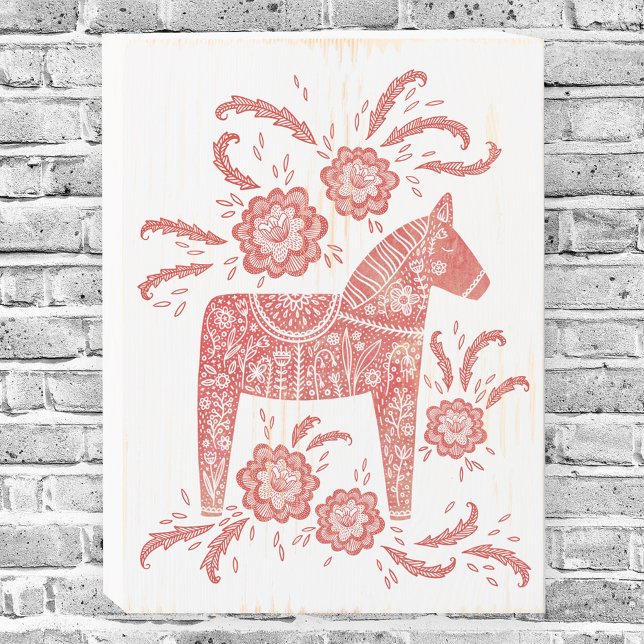 Swedish Dala Horse Red and White Wooden Box Sign (Red and white Swedish Dala Horse folk art wooden box art)