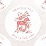 Swedish Dala Horse Red Christmas Classic Round Sticker<br><div class="desc">Traditional Swedish Dalecarlian Dala Horse folk art in red and white.  Original art by Nic Squirrell.  Change the text and name to customize.</div>