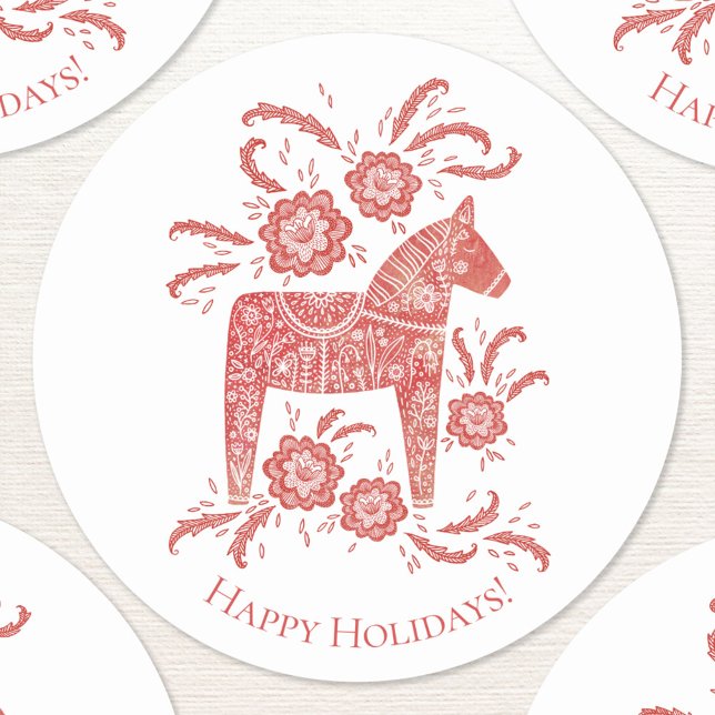 Swedish Dala Horse Red Holidays Classic Round Sticker (Swedish Dala Horse custom text Happy Holidays folk art stickers)