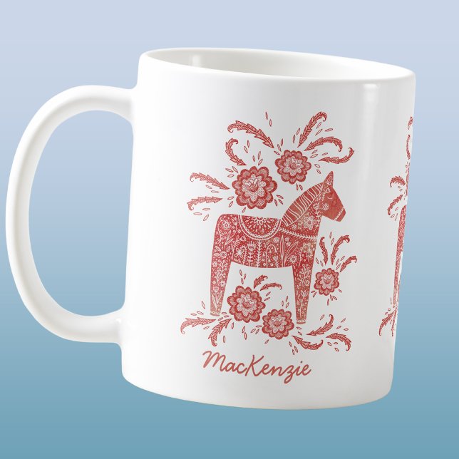 Swedish Dala Horse Red Personalized Coffee Mug (Swedish Dala horse personalized custom name coffee mug)