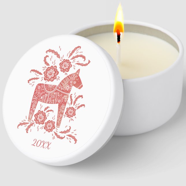 Swedish Dala Horse Red White Year Mini Candle Favors (Swedish Dala Horse year date red and white mini soy candle)