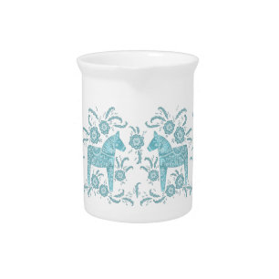 Swedish Dala Horse Teal and White Beverage Pitcher