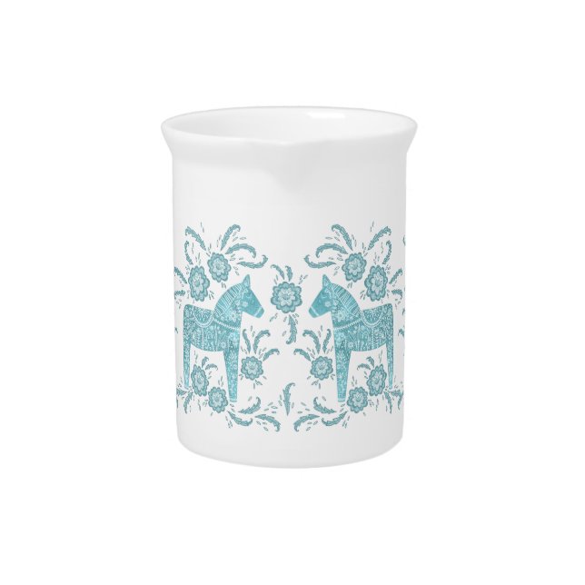 Swedish Dala Horse Teal and White Beverage Pitcher (Front)
