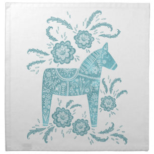 Swedish Dala Horse Teal and White Cloth Napkin