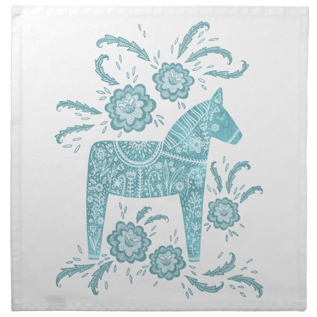 Swedish Dala Horse Teal and White Cloth Napkin (Front)