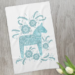 Swedish Dala Horse Teal and White Kitchen Towel<br><div class="desc">A traditional Swedish Dala Horse design in teal green and white.</div>