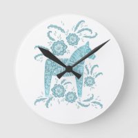 Swedish Dala Horse Teal and White Round Clock