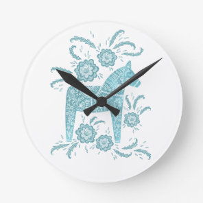 Swedish Dala Horse Teal and White Round Clock