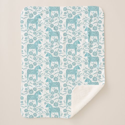 Swedish Dala Horse Teal and White Sherpa Blanket