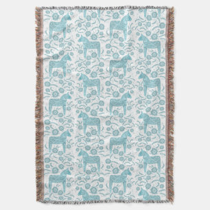 Swedish Dala Horse Teal and White Throw Blanket
