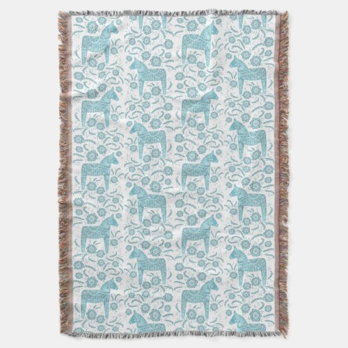 Swedish Dala Horse Teal and White Throw Blanket