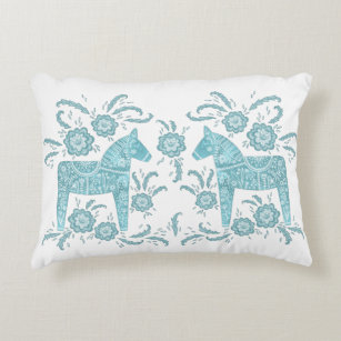 Swedish Dala Horse Teal Green and White Accent Pillow