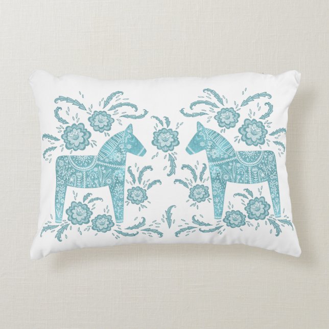 Swedish Dala Horse Teal Green and White Accent Pillow (Front)