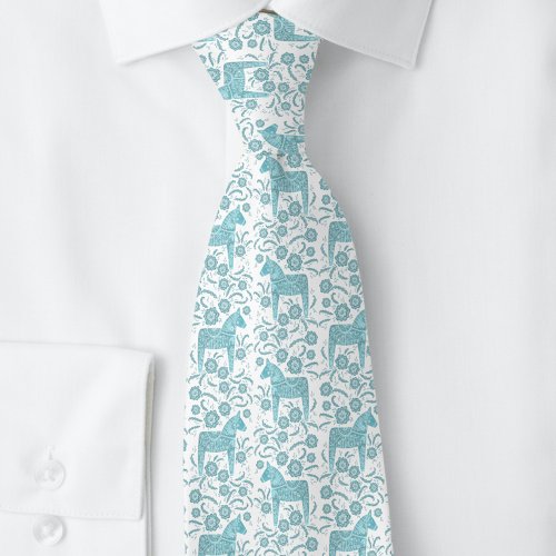 Swedish Dala Horse Teal Green and White Folk Art Neck Tie