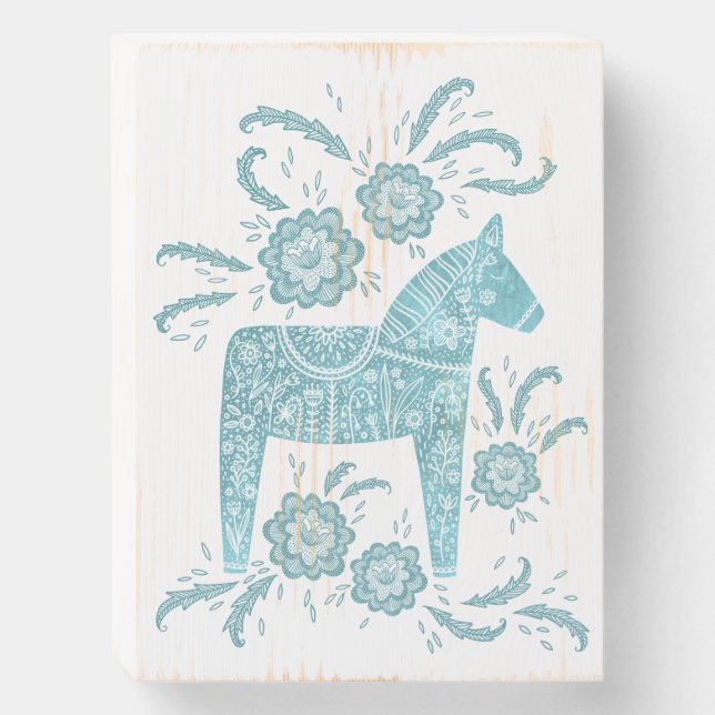 Swedish Dala Horse Teal Green and White Folk Art Wooden Box Sign (Front Vertical)