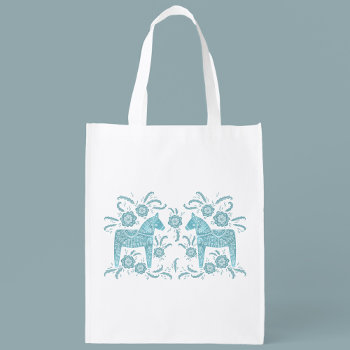 Swedish Dala Horse Teal Green And White Grocery Bag by Squirrell at Zazzle