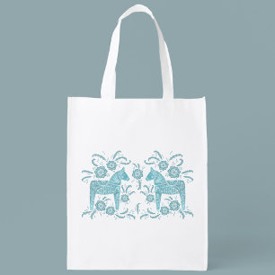 Swedish Dala Horse Teal Green and White Grocery Bag