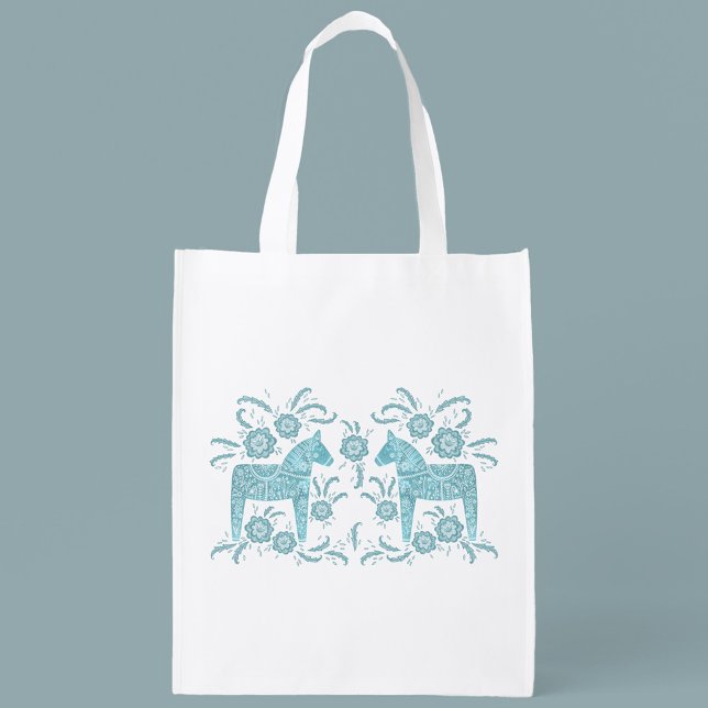 Swedish Dala Horse Teal Green and White Grocery Bag (Creator Uploaded)