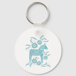 Swedish Dala Horse Teal Green and White Keychain