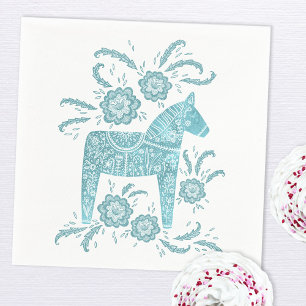 Swedish Dala Horse Teal Green and White Napkins