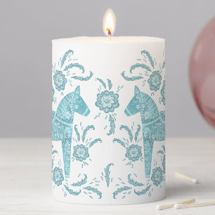 Swedish Dala Horse Teal Green and White Pillar Candle