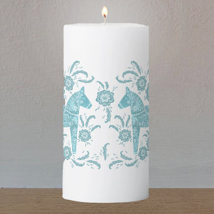 Swedish Dala Horse Teal Green and White Pillar Candle