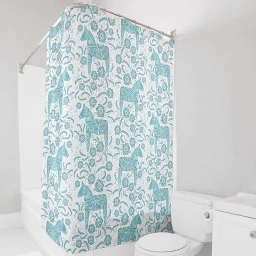 Swedish Dala Horse Teal Green and White Shower Curtain